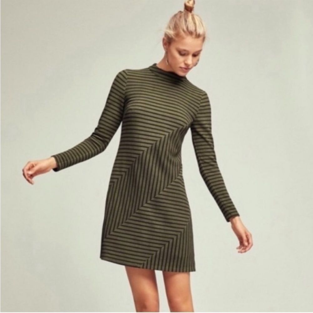 Anthropologie Hutch Gabby Green & Black Striped Long Sleeve Mini Dress, Size XS